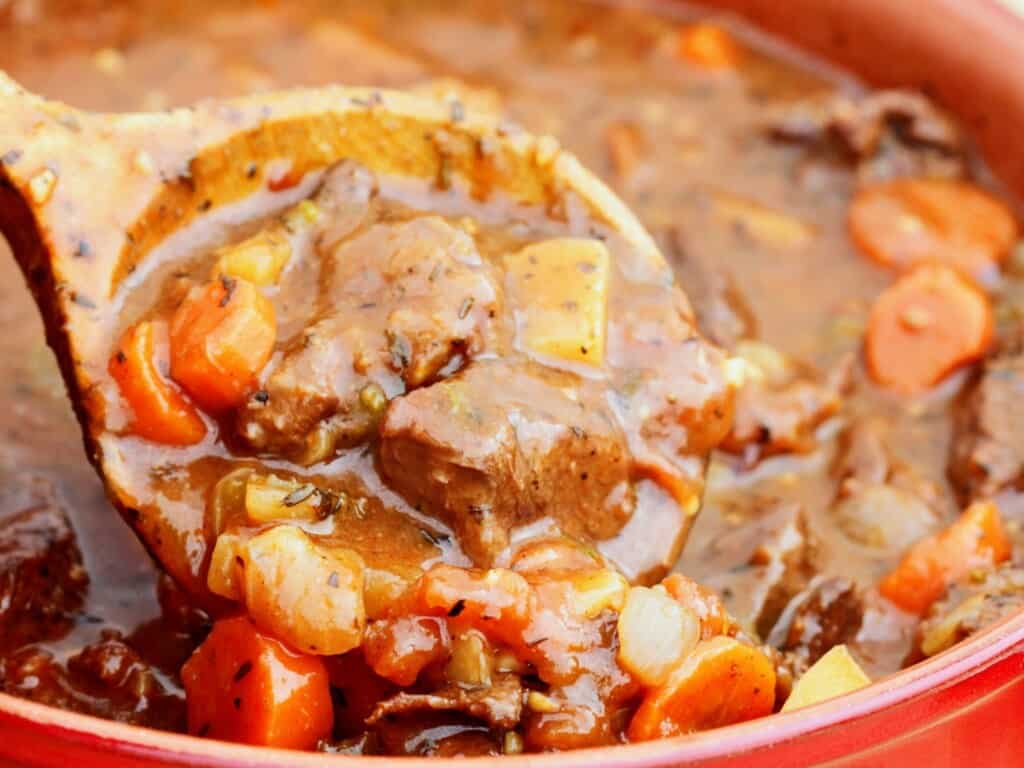 zoomed in on red pot with a large wooden spoon of Carbonade Valdosta 