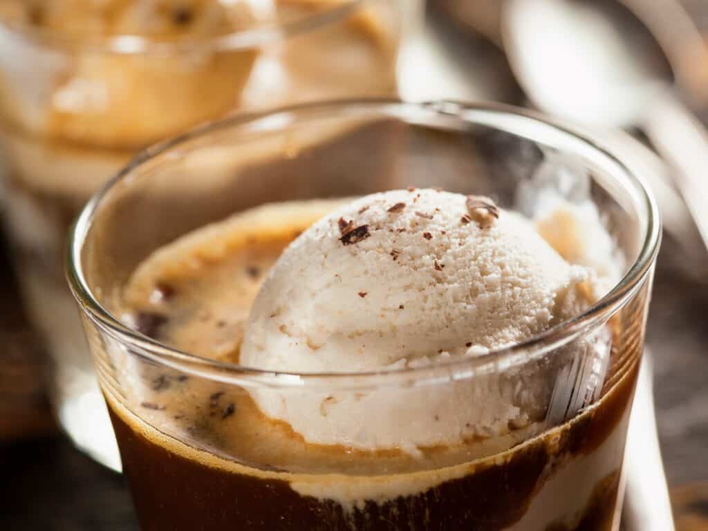 Close up of Italian affogato in glass cup.