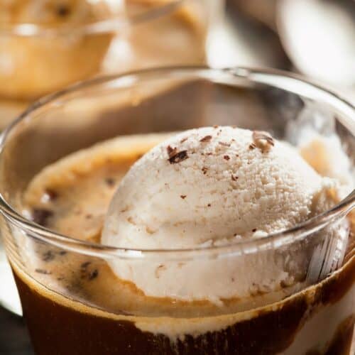 Close up of Italian affogato in glass cup.