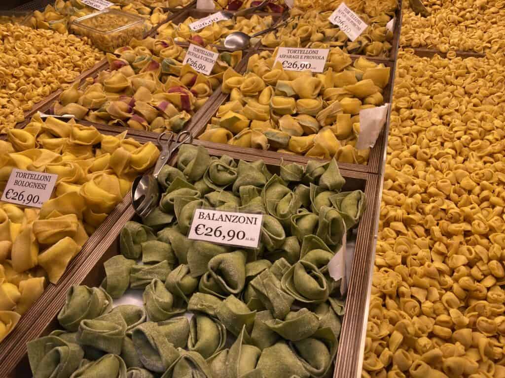 Pasta on display in Bologna, Italy.