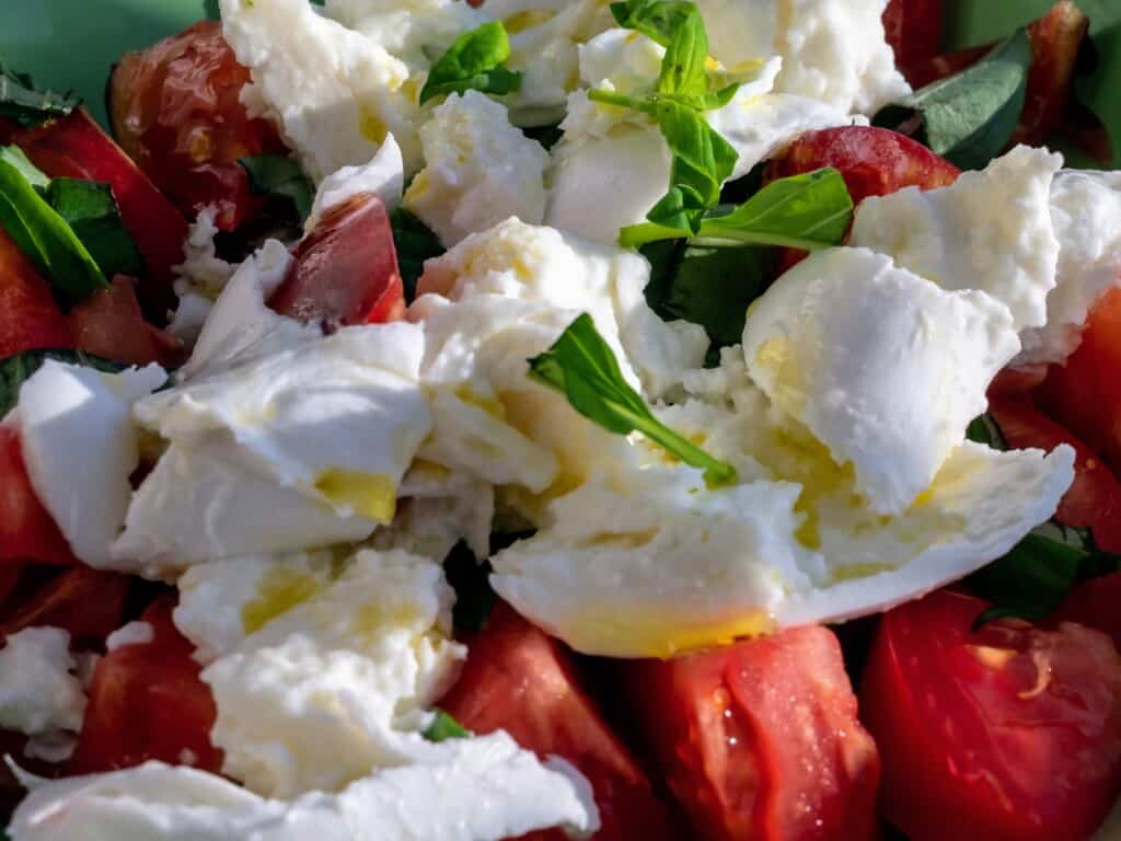 close up of homemade mozzarella salad garnished with olive oil and basil