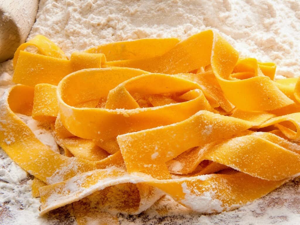 freshly made nest of pappardelle coated in flour on a floured board