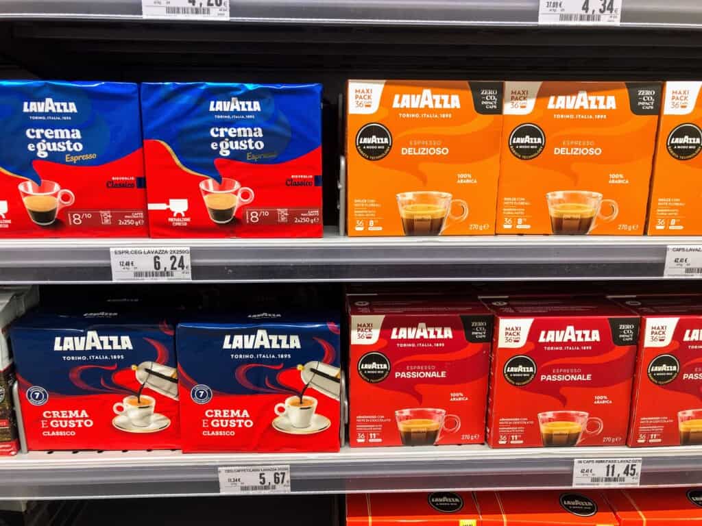 italian coffee brands displayed at italian grocery store on shelf