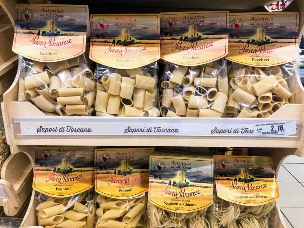 pasta on display at a supermarket in Italy