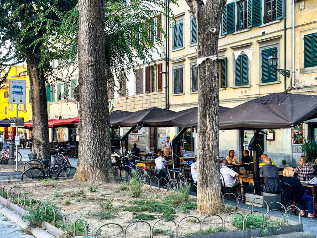 side view of piazza with trees in foreground and large brown umbrellas over tables outdoors of a pizzeria behind the tree line.
