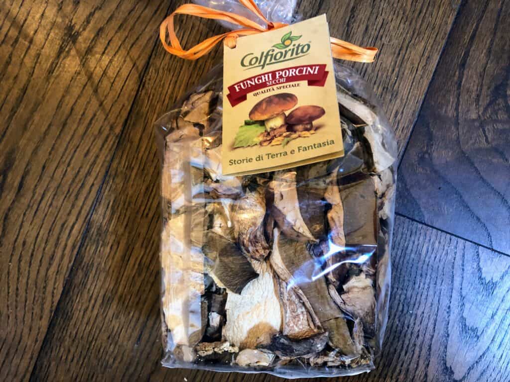Plastic bag of dried porcini mushrooms.