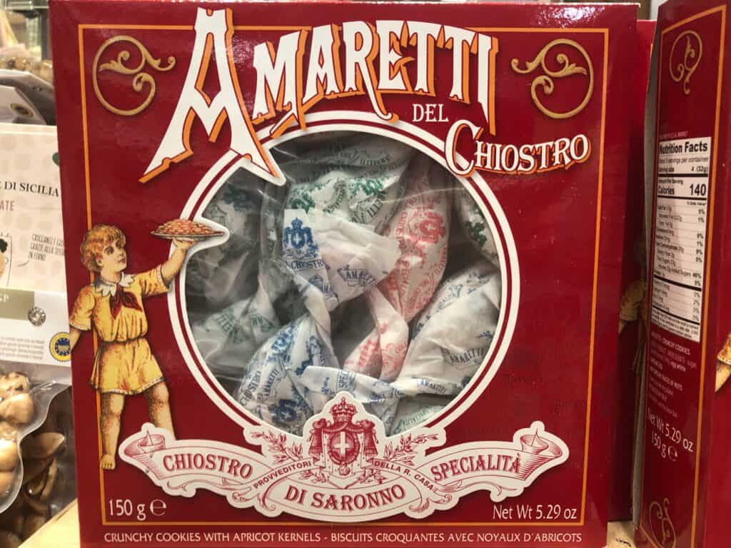 Red box of packaged amaretti di Saronno, a type of Italian cookie.