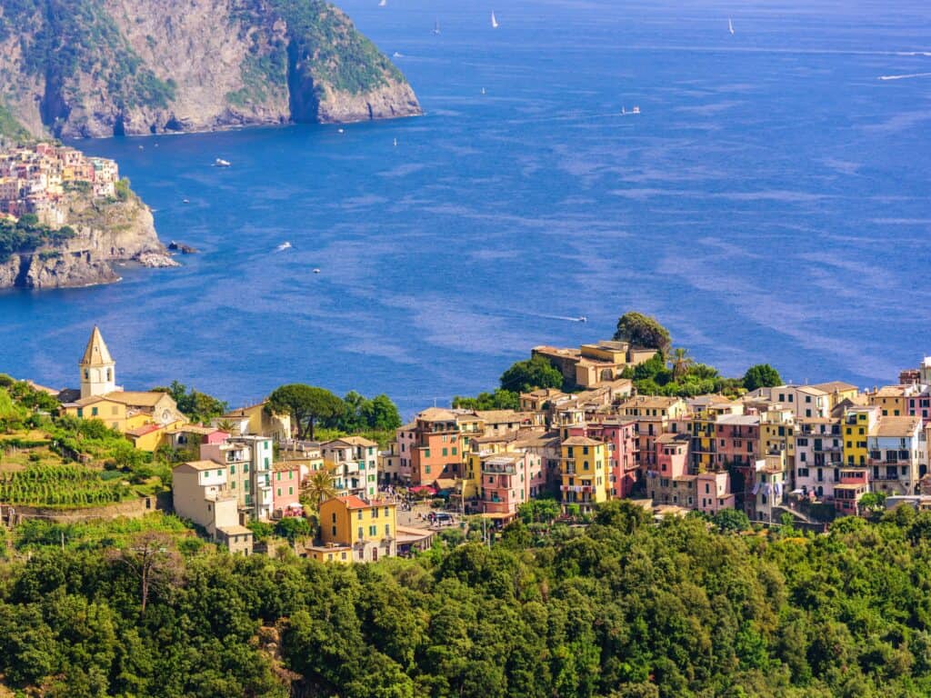 View of Corniglia, one of the Cinque Terre's colorful villages.  You can see the sea in the background.