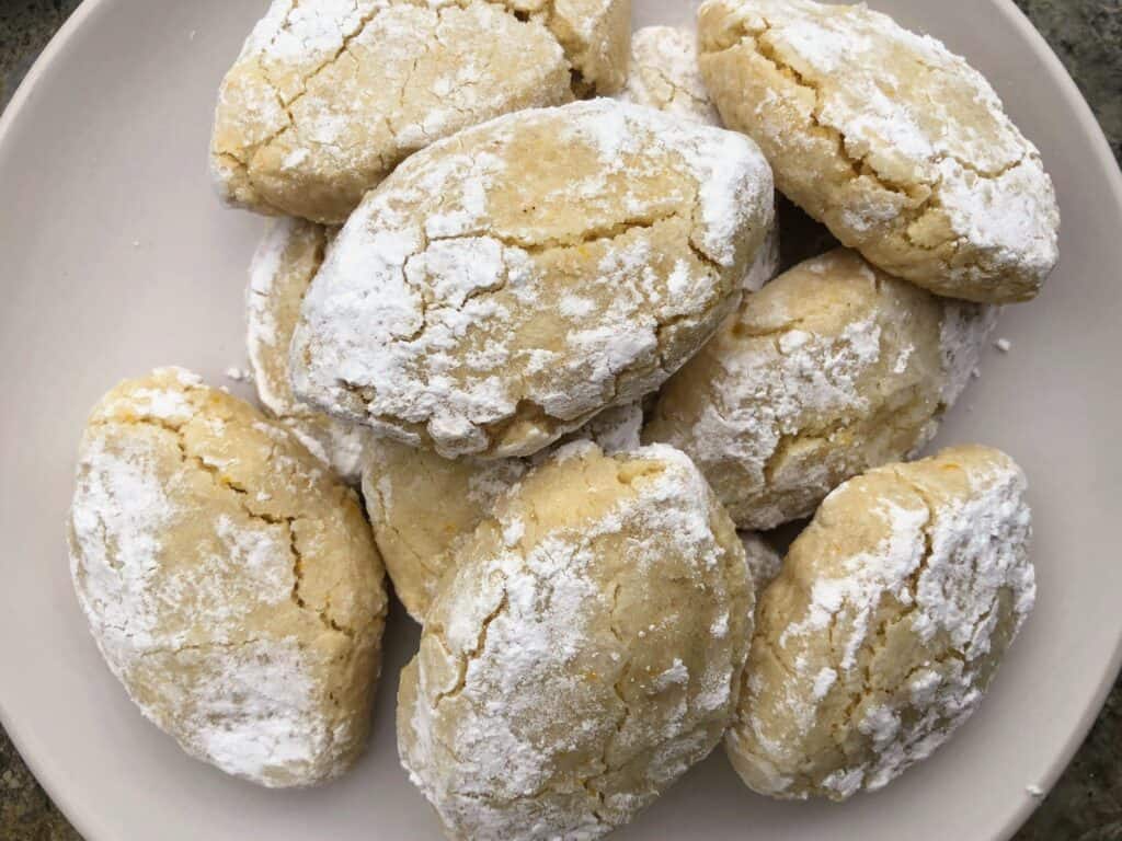 plate of Italian almond cookies on a white platter top view.