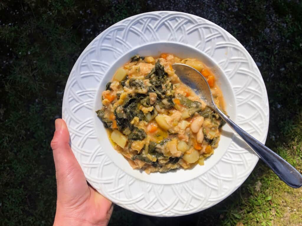 top view of hand holding a white bowl with ribollita