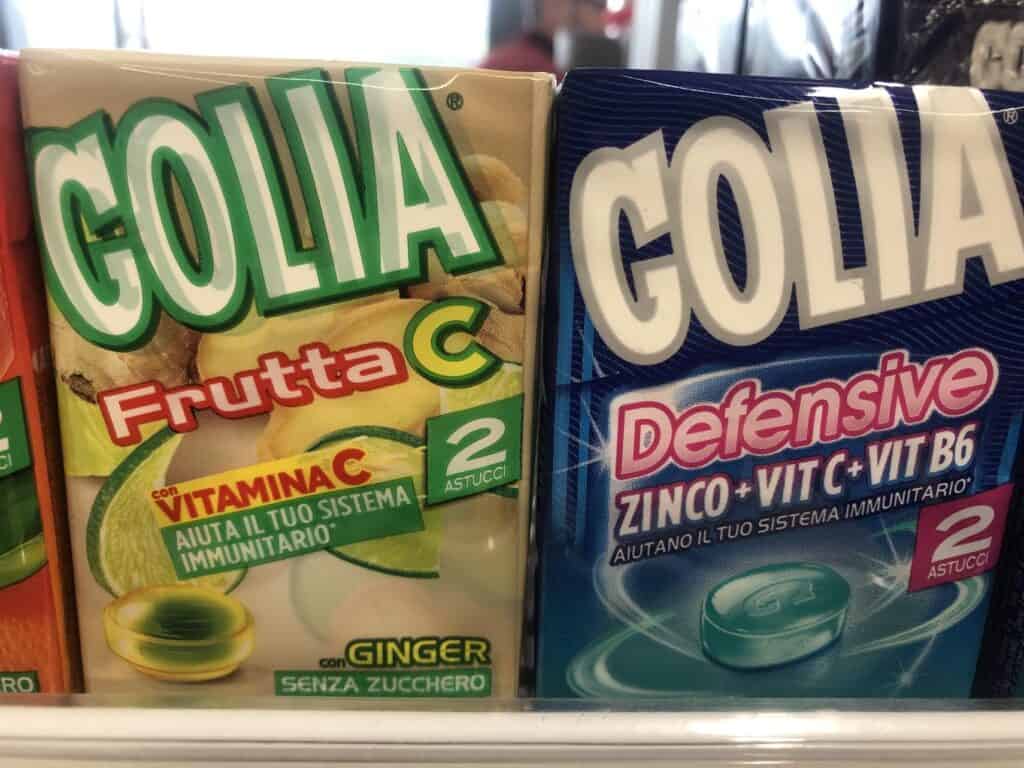 Close up of two packages of Golia candies, an Italian brand.