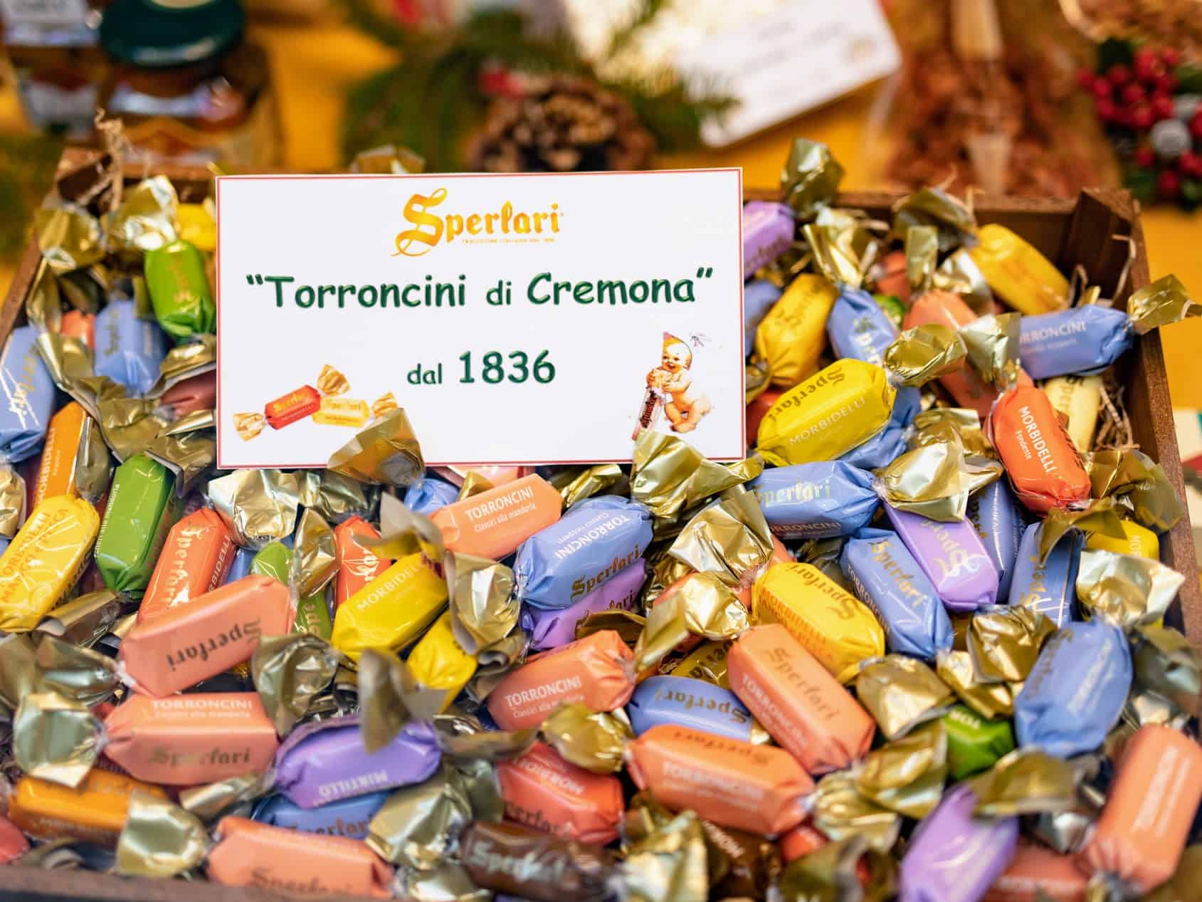 Close up of box of Sperlari candies for sale, one of Italy's most popular candy companies.