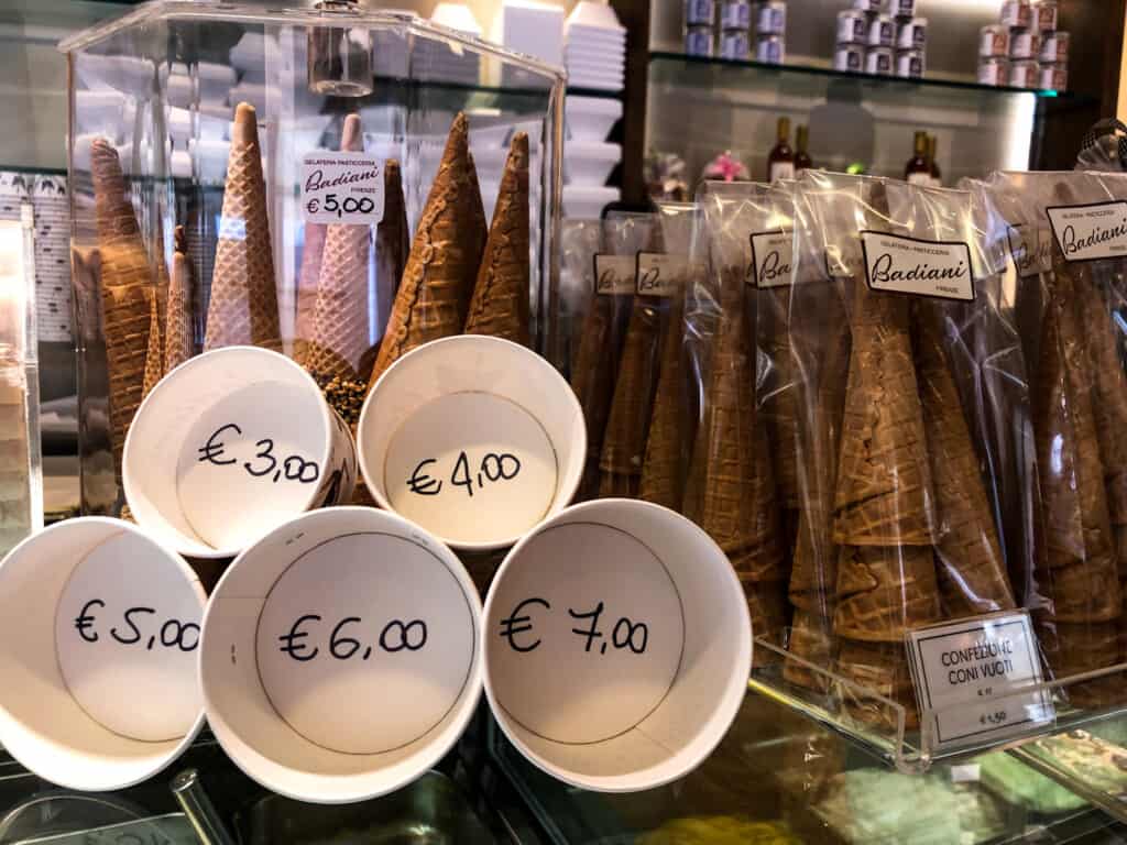 Close up of cup and cone sizes with prices at a gelateria in Italy.