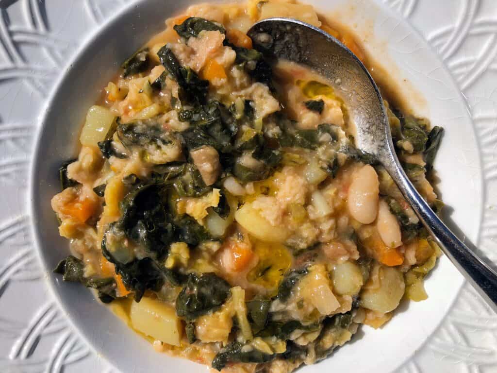 Close up of Tuscan Ribollita with spoon.