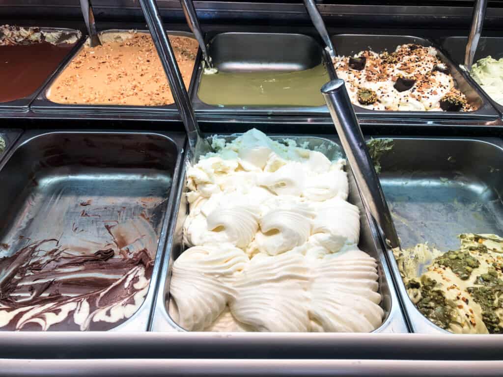 Close up of gelato on display at Badiani gelateria in Italy.