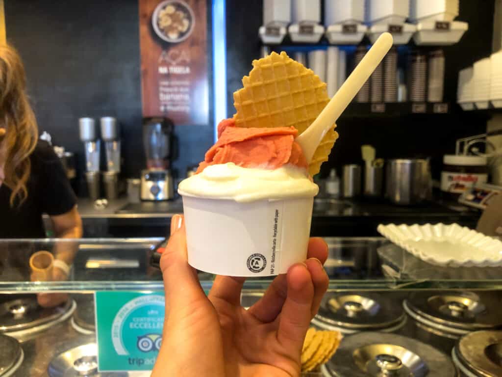 close up of hand holding a cup of gelato from side in a white cup with a small cookie and spoon stuck into it.