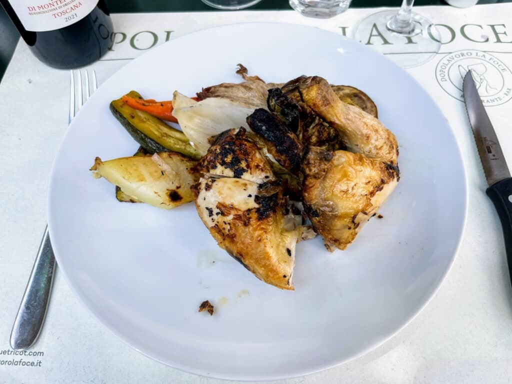 Plate of chicken and vegetables at a restaurant in Italy.