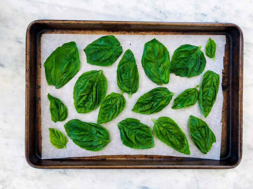 Basil leaves on parchment paper on a baking tray.