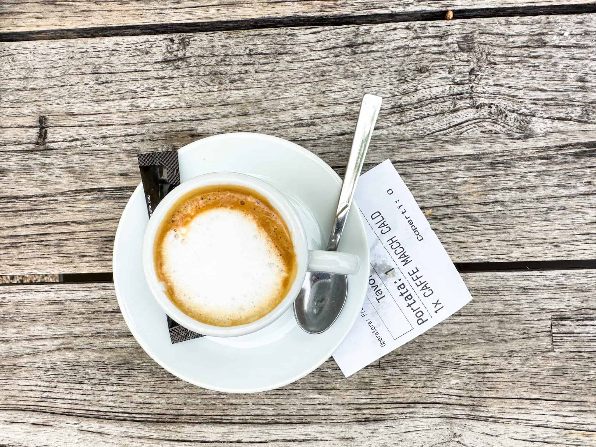 top view of cappuccino in a saucer with a spoon on side and receipt under saucer on a wooden table from top view