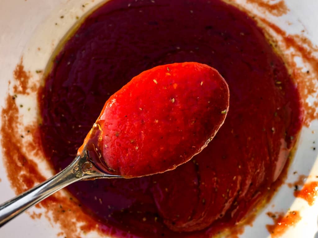 spoon holding tomato sauce up close with tomato sauce in big while bowl in background