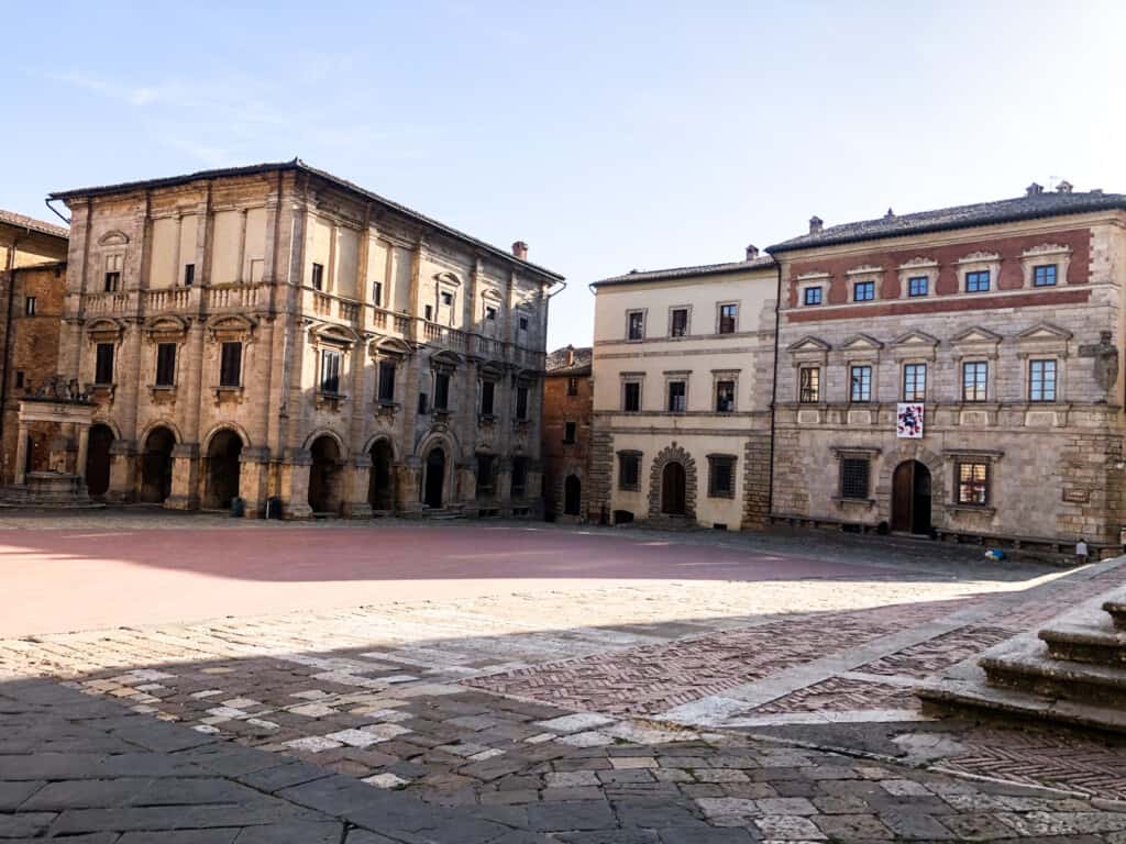 Piazza Grande, empty, in Montepulciano, Italy.