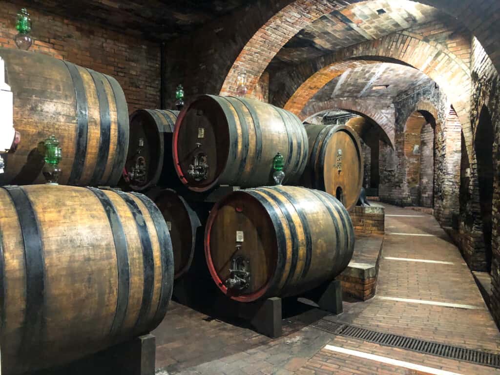 Large wooden wine barrels stacked in a stone corridor at the Talosa winery in Italy.