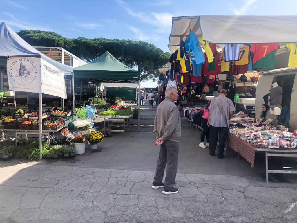 Man looking at stalls at outdoor market in Italy. You can see plants and clothing for sale.