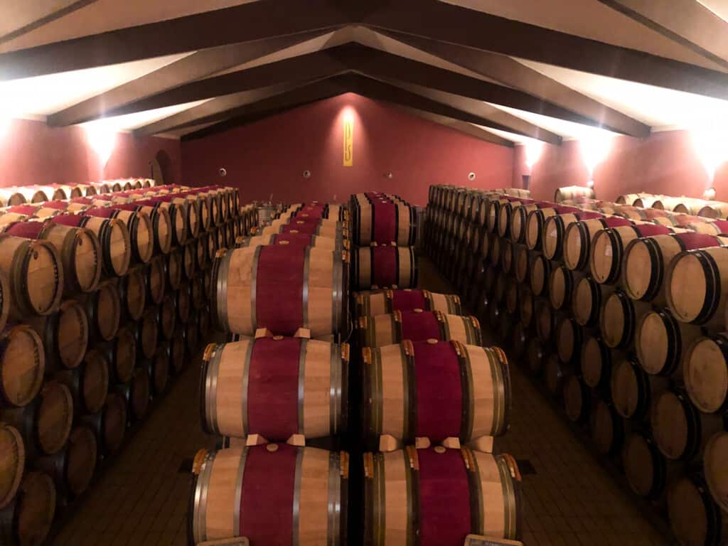 Rows and stacks of French oak barrels at Siro Pacenti winery in Montalcino, Italy.