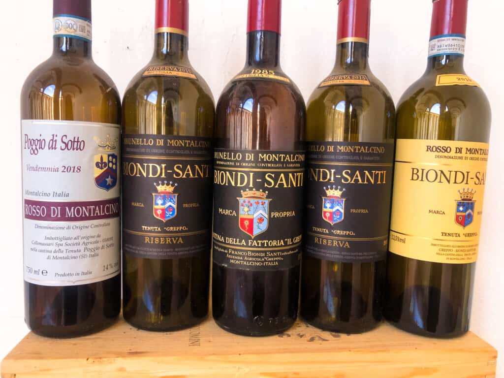 Five bottles of wines from Montalcino, including four from Biondi-Santi.