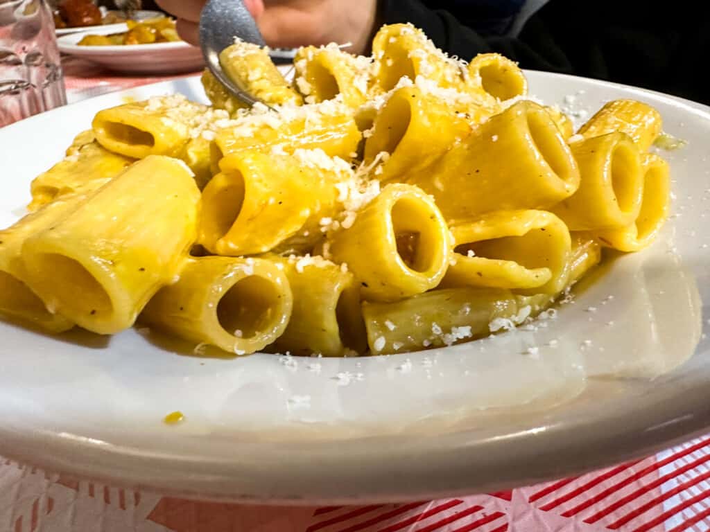 white plate of cacio e pepe pasta on a red table cloth from side view close up.