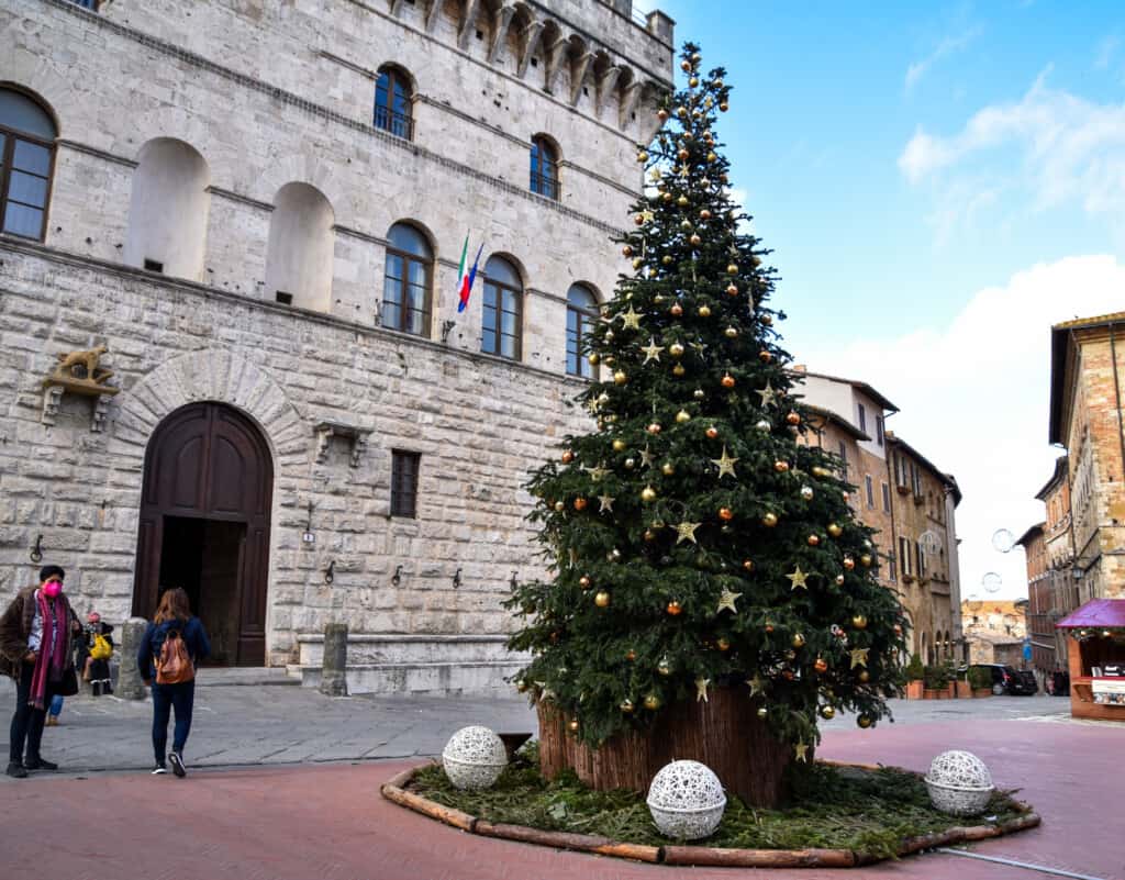 Large Christmas tree in main piazza of Montepulciano. Town hall on left.