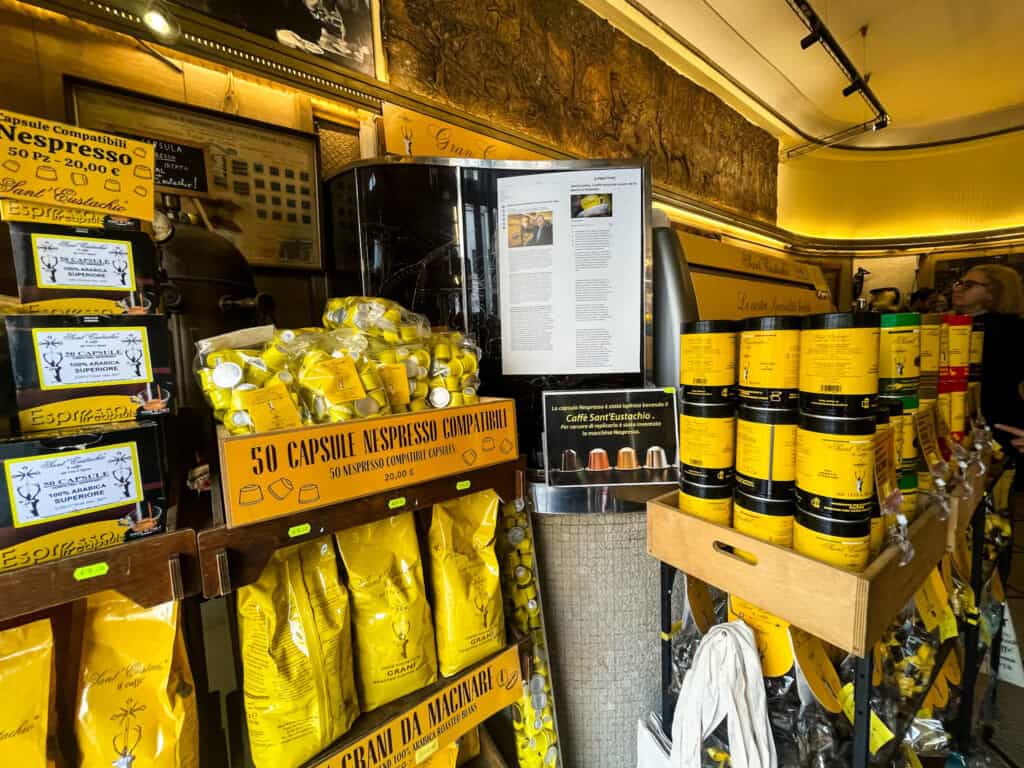 Side view of the coffee for sale at sant'eustacchi in Rome