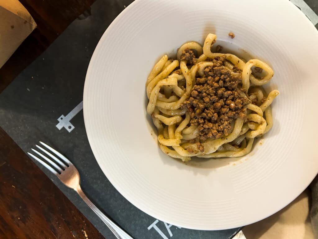 Plate of pici pasta with a ragu sauce.